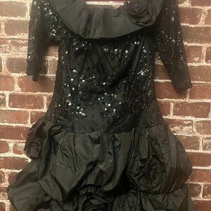 Stunning Vintage Franc Usher 1980s Black Sequin Satin Taffeta and Lace Puff Ball